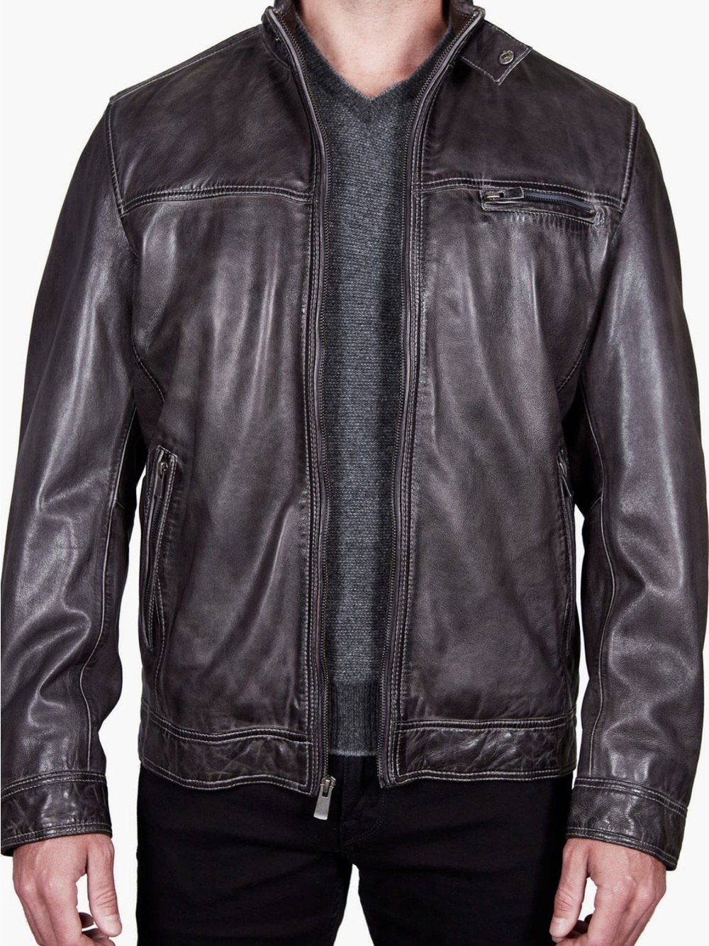 Men's gray Leather Bomber Jacket - Classic Zip Front